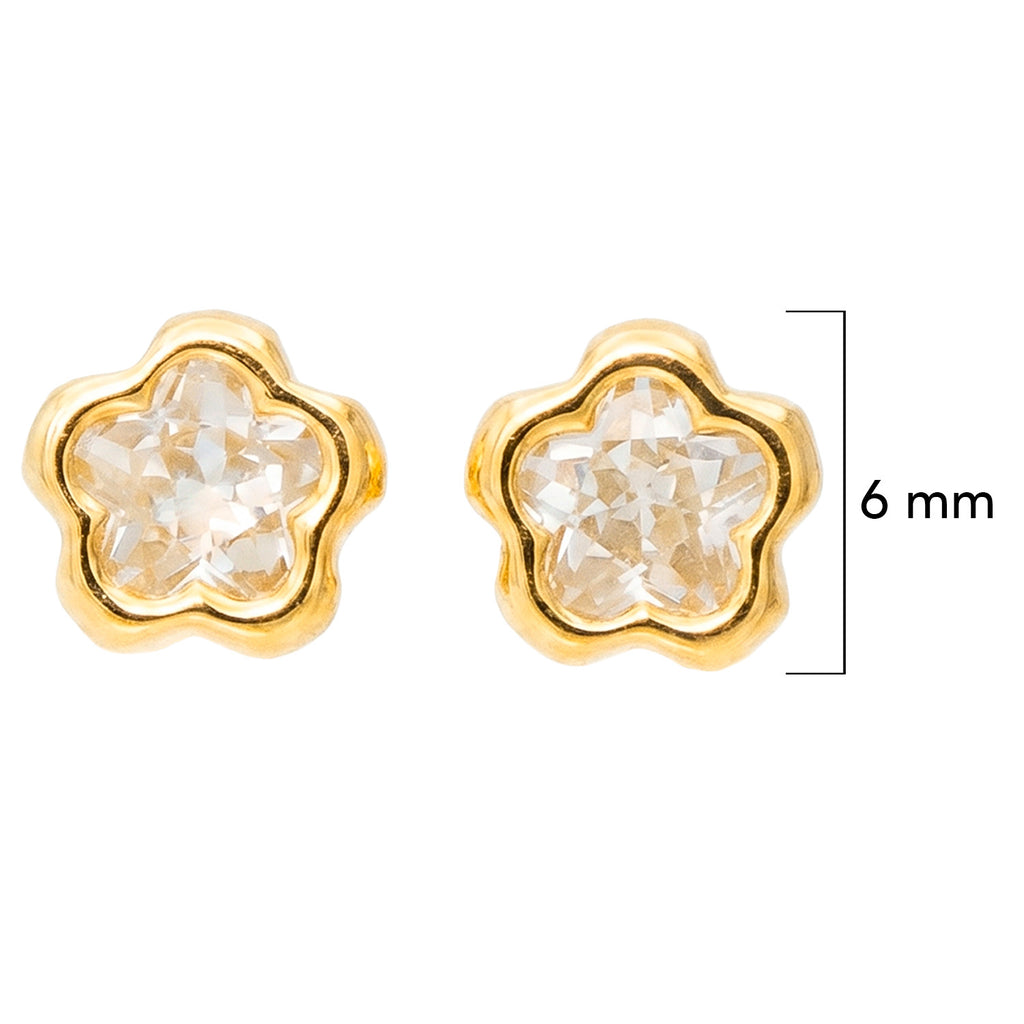 Broquel Arete Flor Biselada Mediana con Circonia Blanca Oro 10k con Bolita