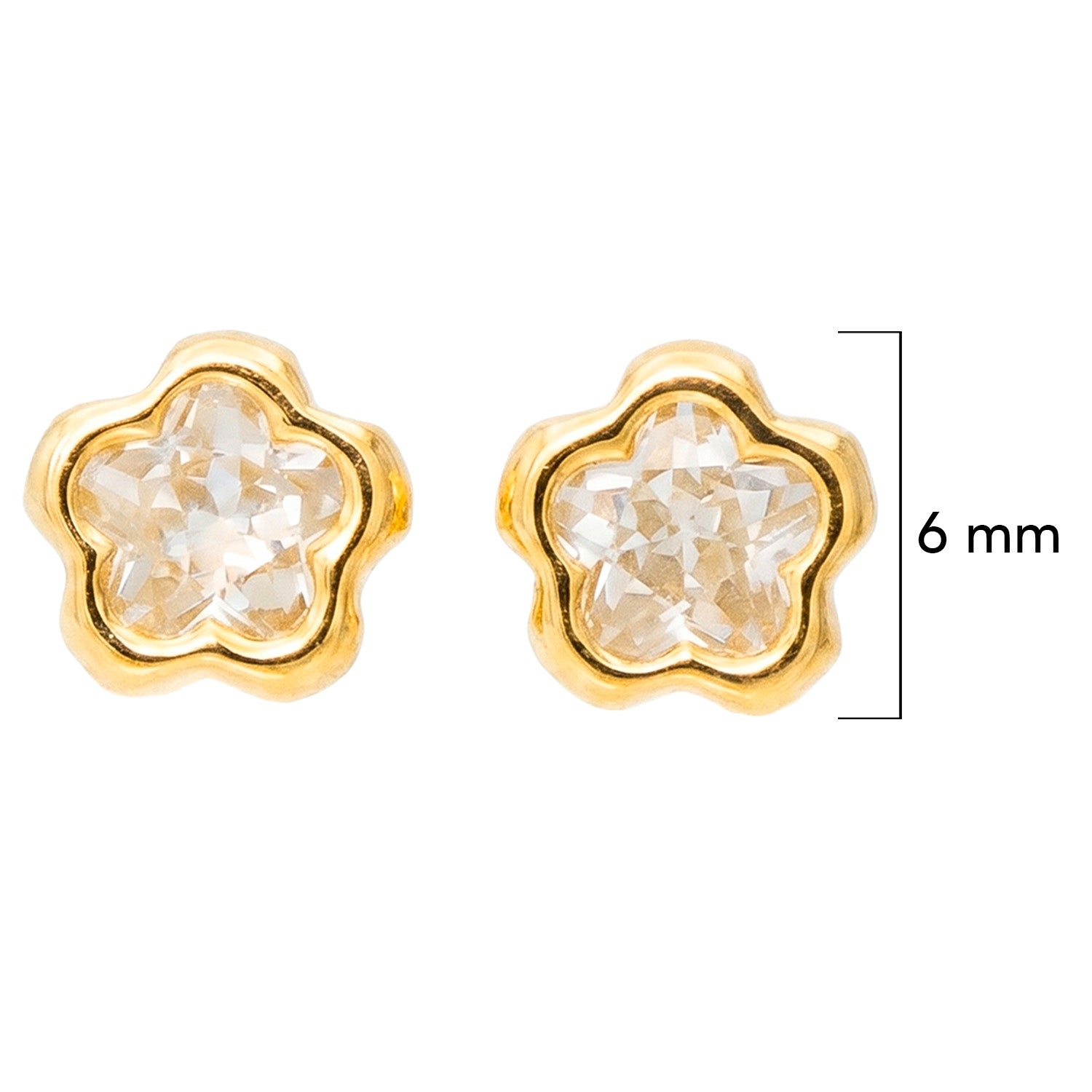 Broquel Arete Flor Biselada Mediana con Circonia Blanca Oro 10k con Bolita
