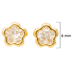 Broquel Arete Flor Biselada Mediana con Circonia Blanca Oro 10k con Bolita