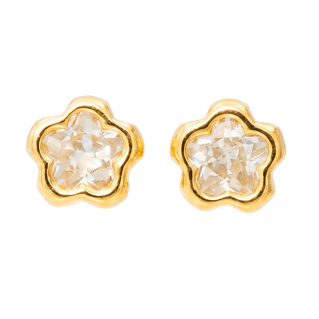 Broquel Arete Flor Biselada Mediana con Circonia Blanca Oro 10k con Bolita