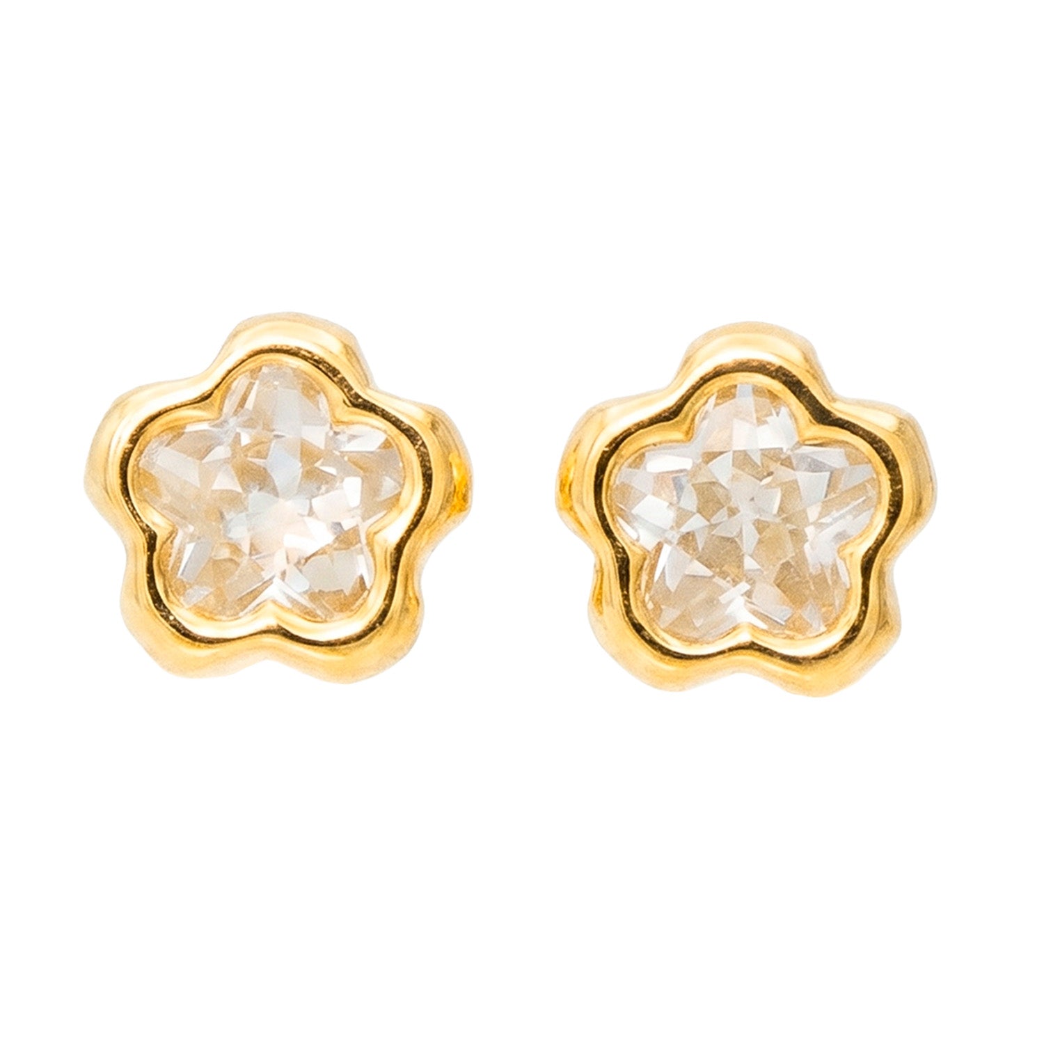Broquel Arete Flor Biselada Mediana con Circonia Blanca Oro 10k con Bolita