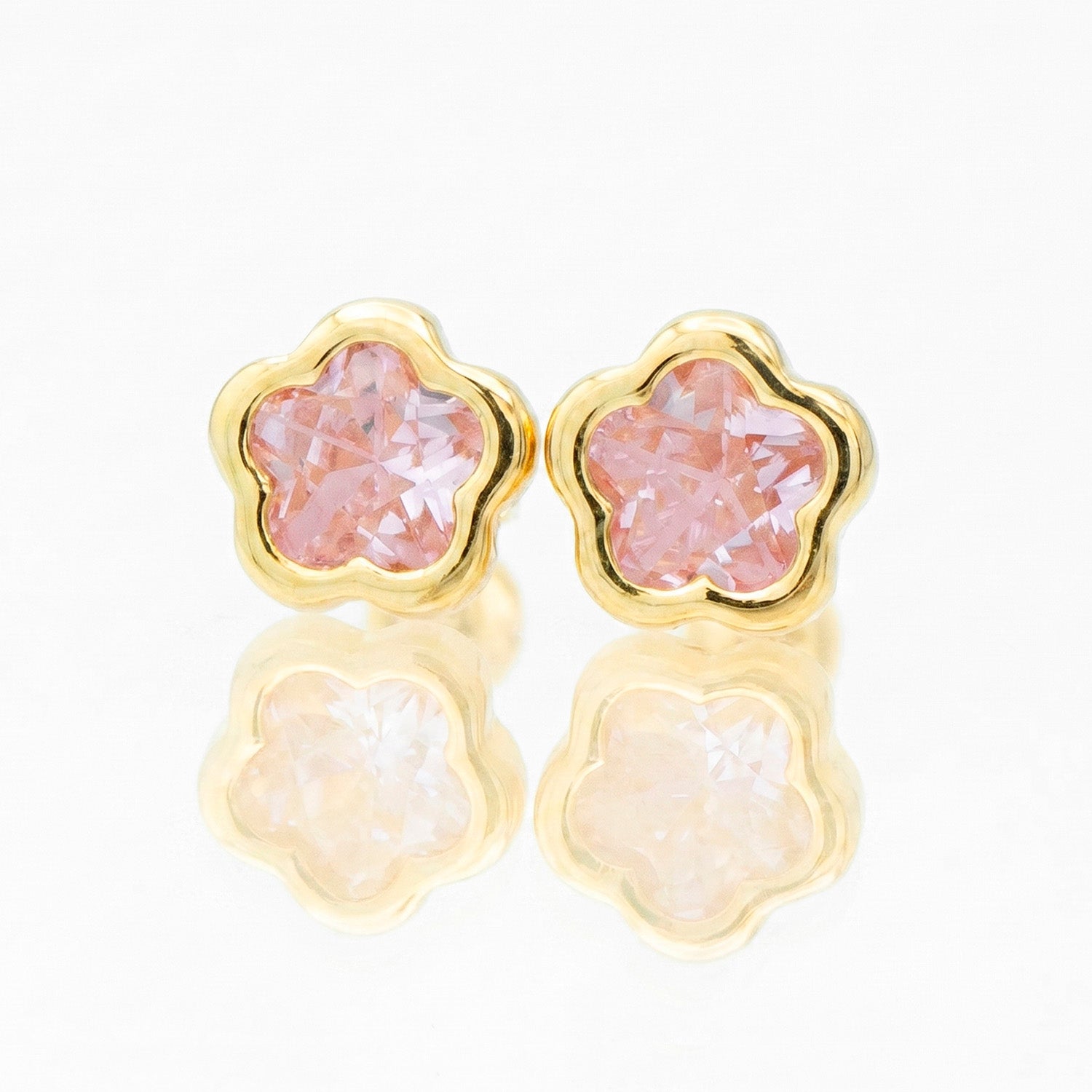 Broquel Arete Flor Rosa Biselada Mediana con Circonia Blanca Oro 10k con Bolita