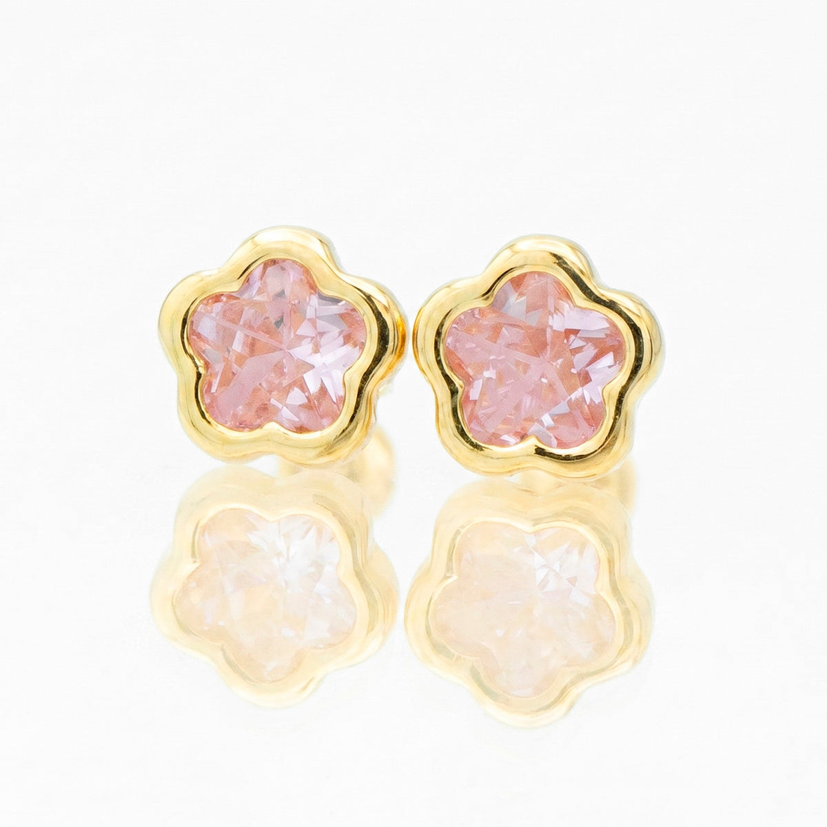 Broquel Arete Flor Rosa Biselada Mediana con Circonia Blanca Oro 10k con Bolita