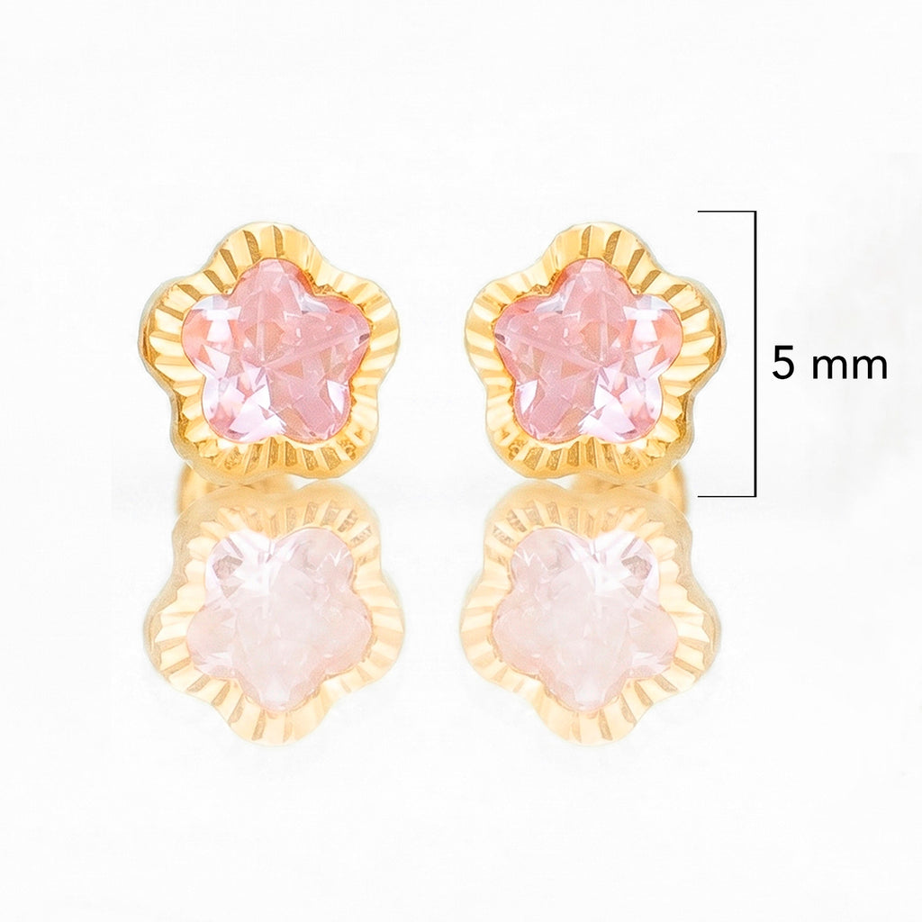 Broquel Arete Flor Rosa Biselada Diamantada con Circonia Rosa Oro 10k con Bolita