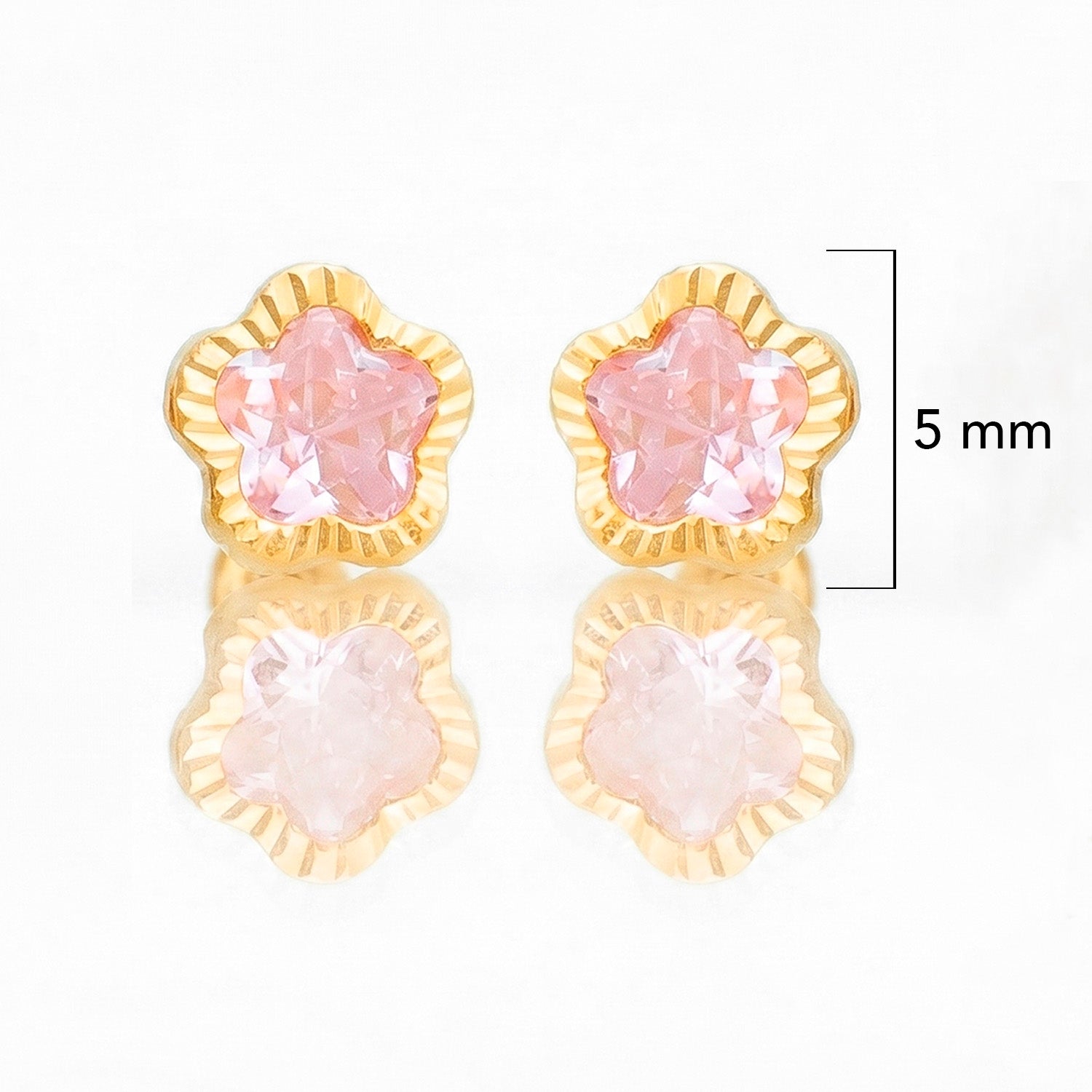 Broquel Arete Flor Rosa Biselada Diamantada con Circonia Rosa Oro 10k con Bolita
