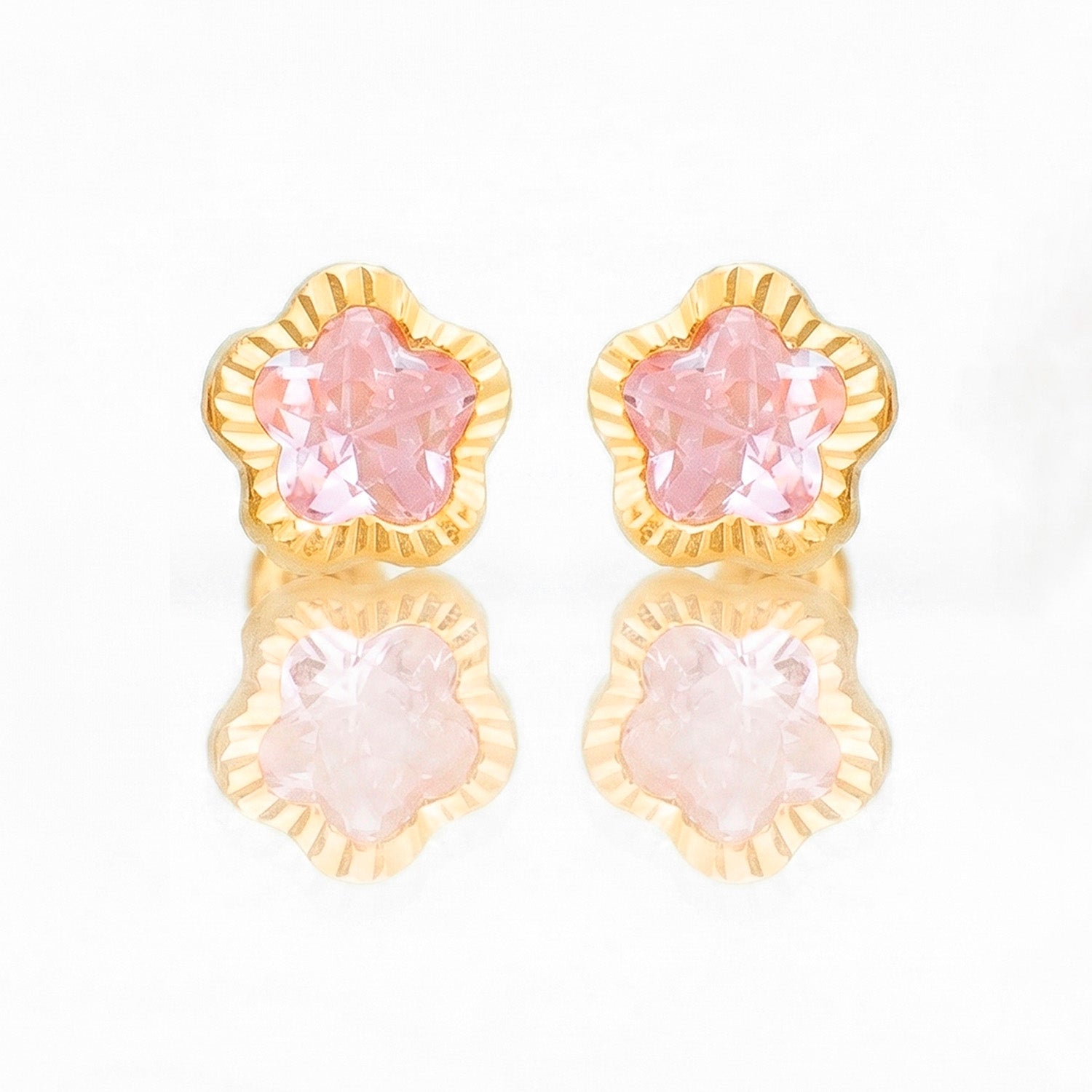 Broquel Arete Flor Rosa Biselada Diamantada con Circonia Rosa Oro 10k con Bolita