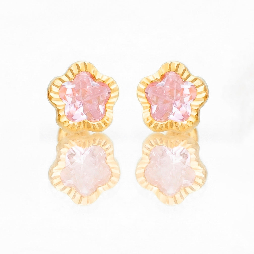 Broquel Arete Flor Rosa Biselada Diamantada con Circonia Rosa Oro 10k con Bolita