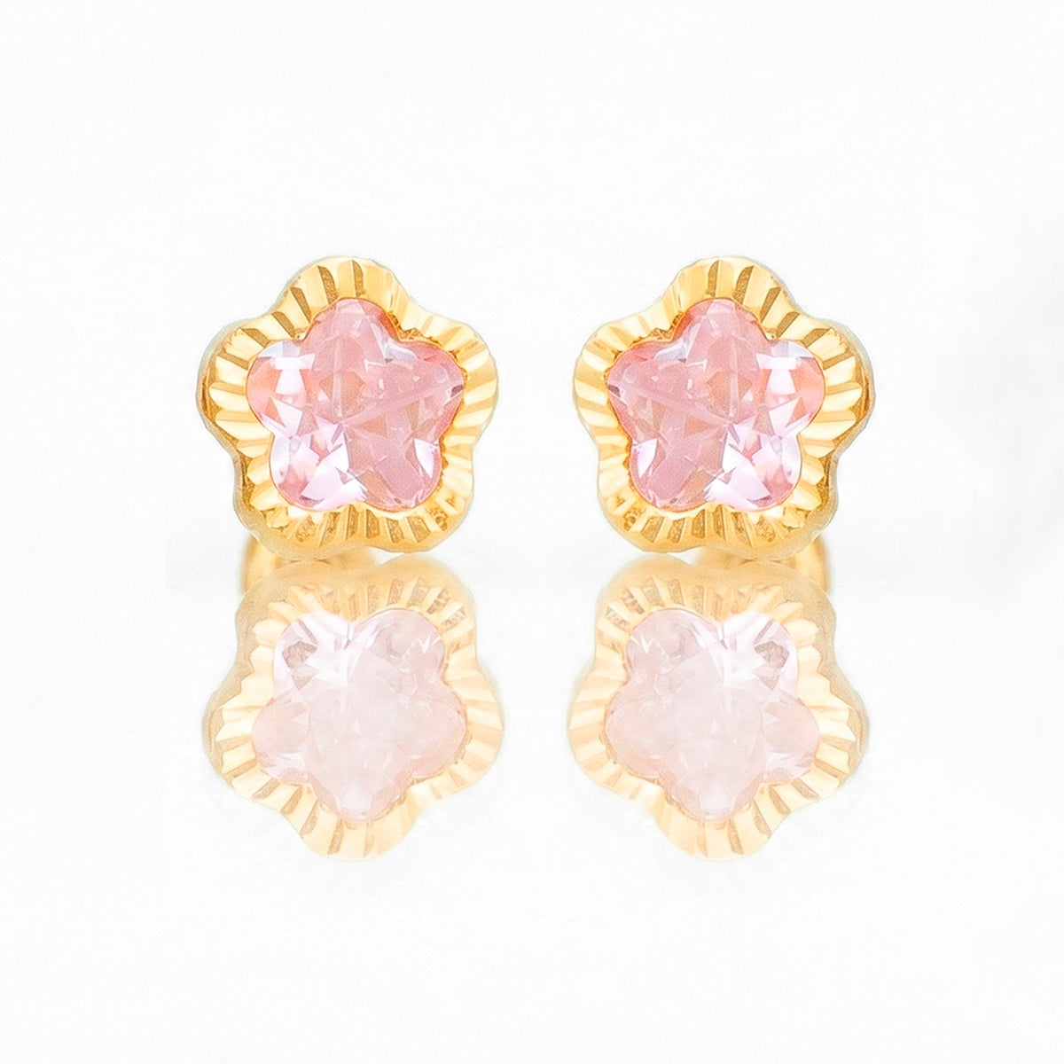 Broquel Arete Flor Rosa Biselada Diamantada con Circonia Rosa Oro 10k con Bolita