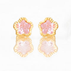 Broquel Arete Flor Rosa Biselada Diamantada con Circonia Rosa Oro 10k con Bolita
