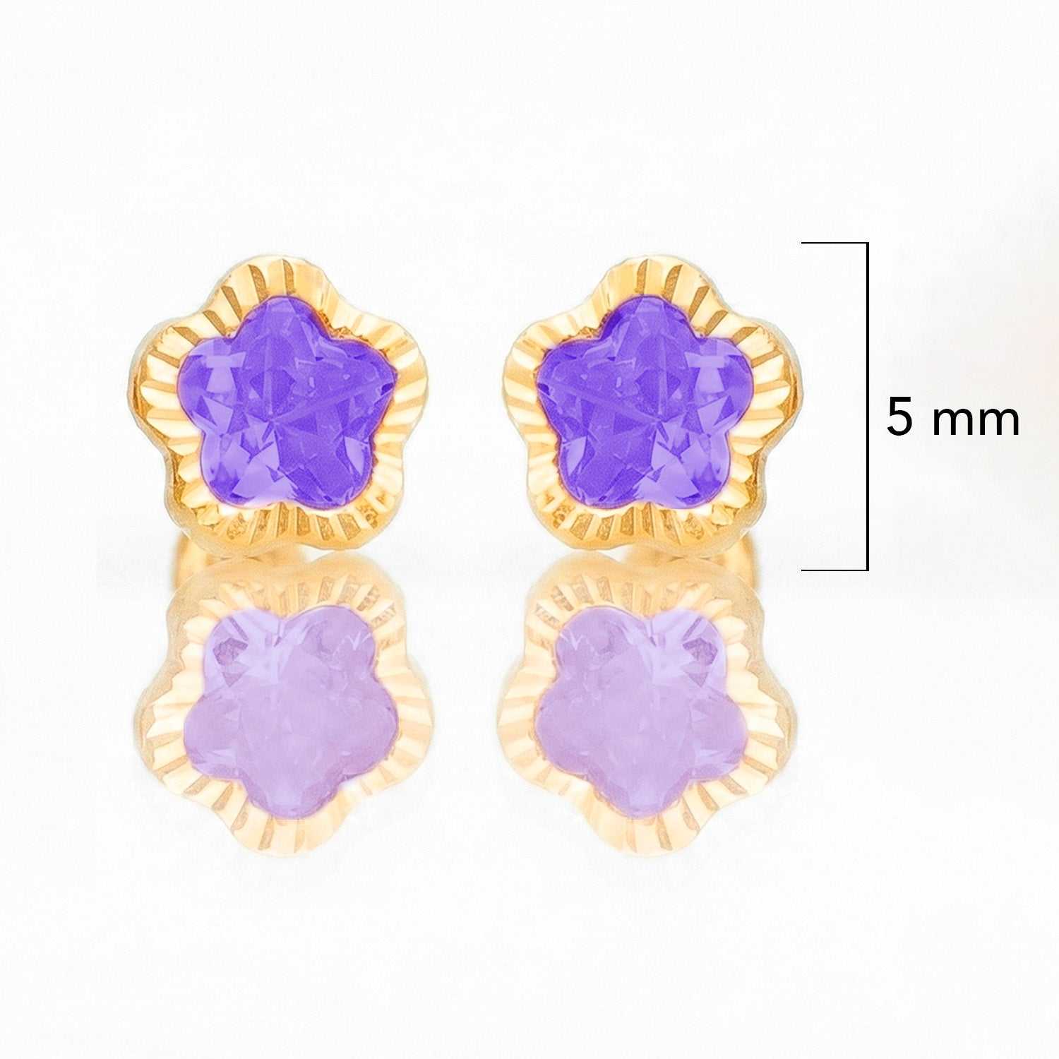 Broquel Arete Flor Morada Biselada Diamantada con Circonia Rosa Oro 10k con Bolita