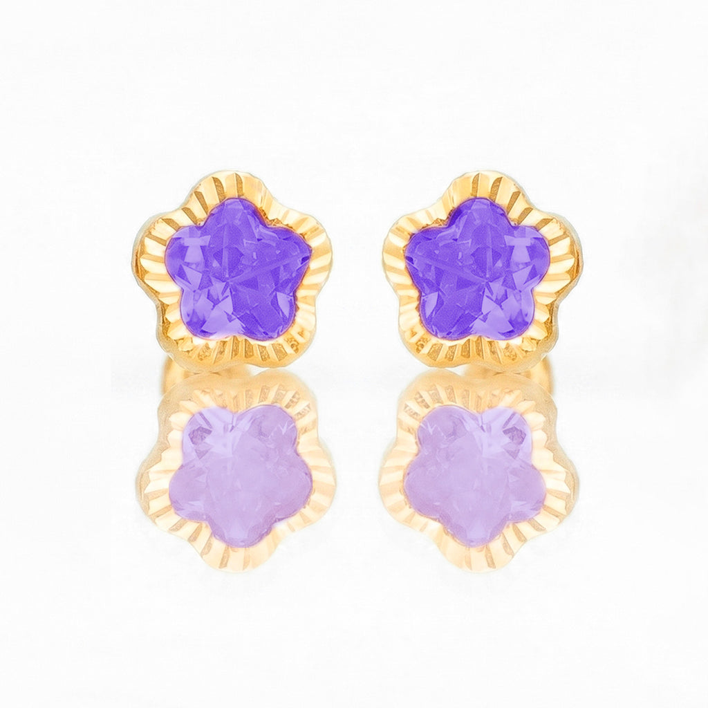 Broquel Arete Flor Morada Biselada Diamantada con Circonia Rosa Oro 10k con Bolita