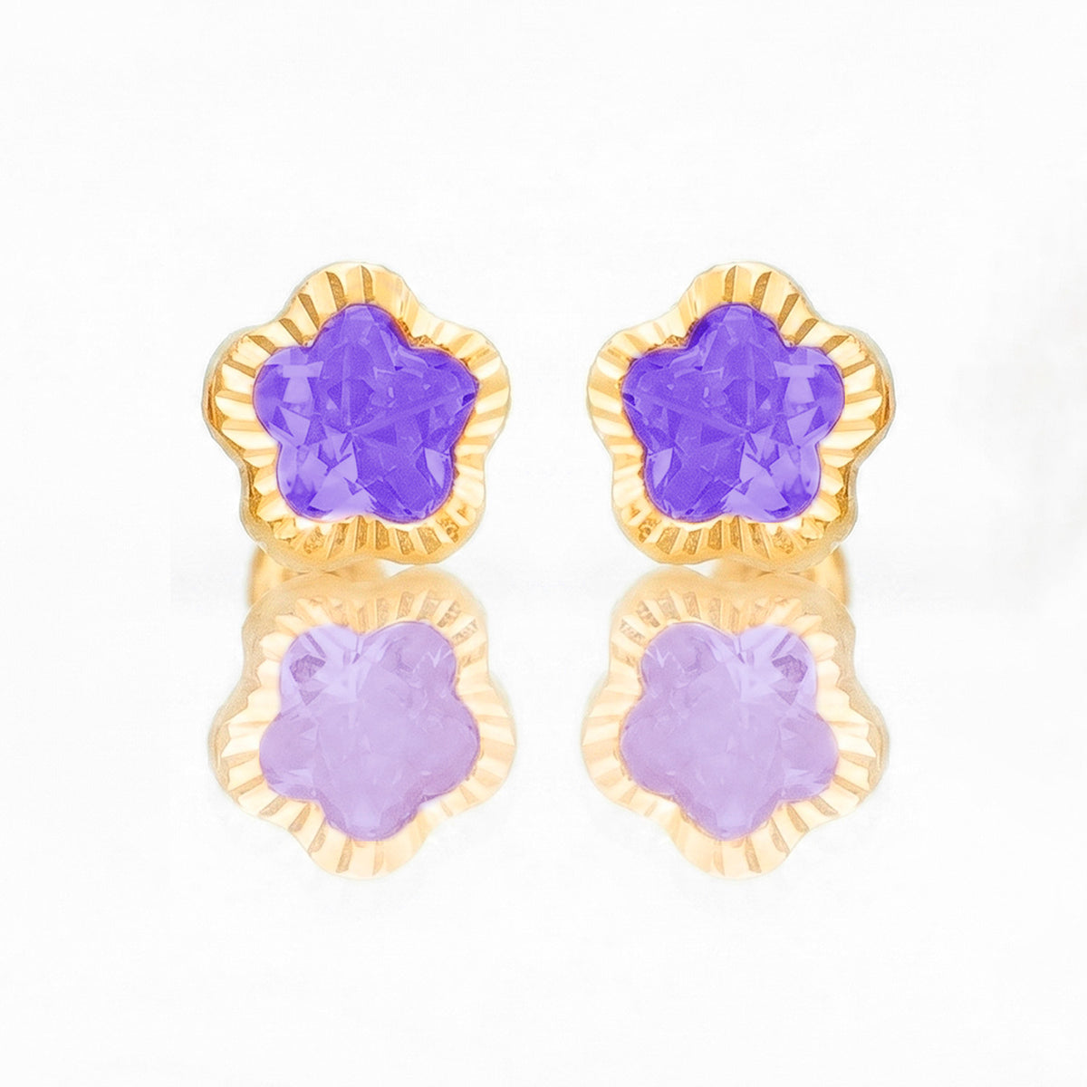 Broquel Arete Flor Morada Biselada Diamantada con Circonia Rosa Oro 10k con Bolita