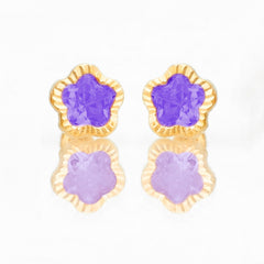 Broquel Arete Flor Morada Biselada Diamantada con Circonia Rosa Oro 10k con Bolita