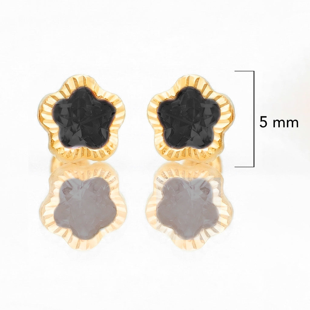 Broquel Arete Flor Negra Biselada Diamantada con Circonia Rosa Oro 10k con Bolita