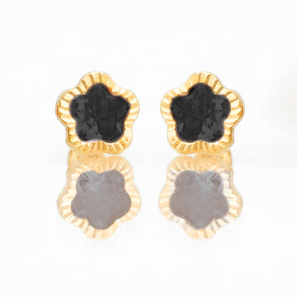Broquel Arete Flor Negra Biselada Diamantada con Circonia Rosa Oro 10k con Bolita