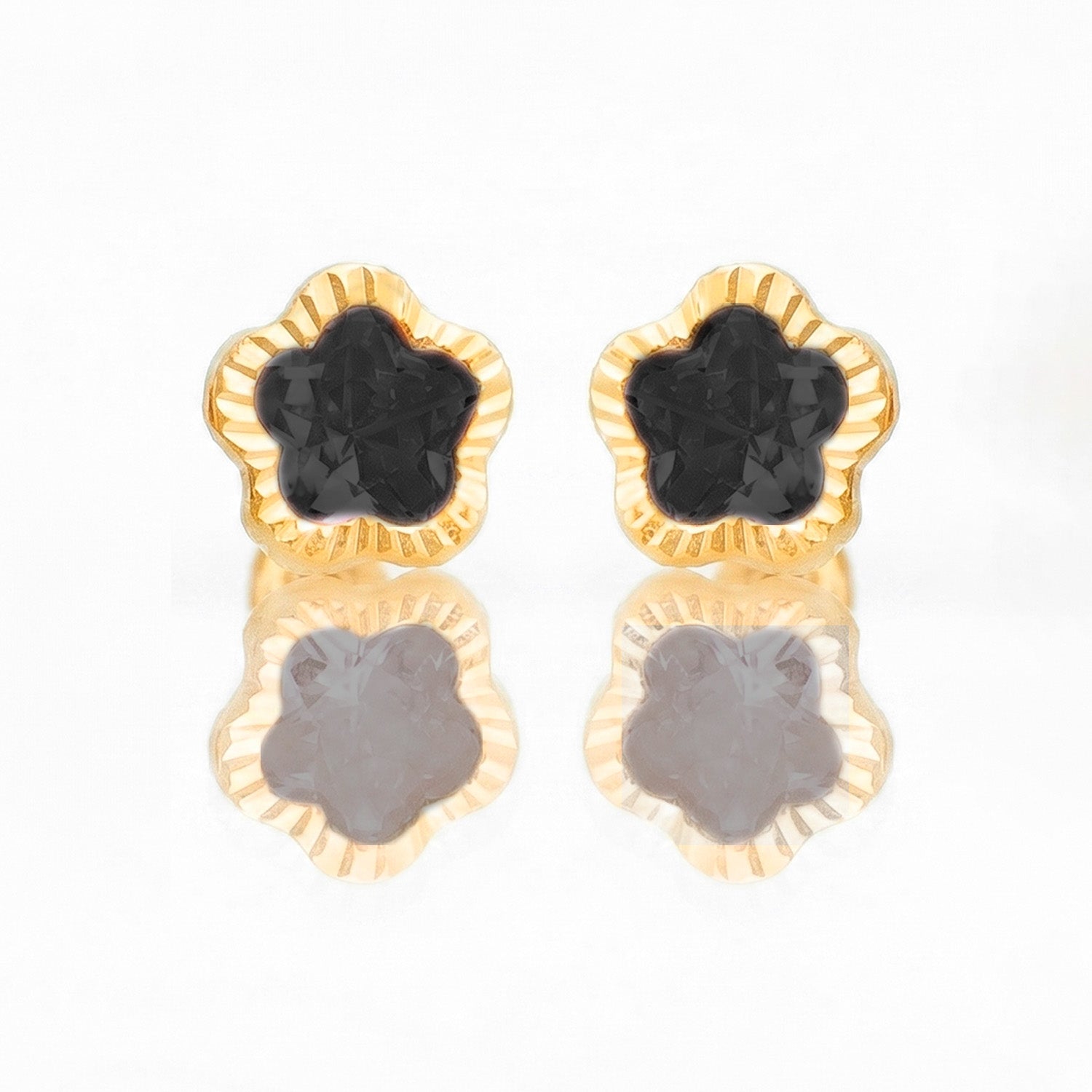 Broquel Arete Flor Negra Biselada Diamantada con Circonia Rosa Oro 10k con Bolita