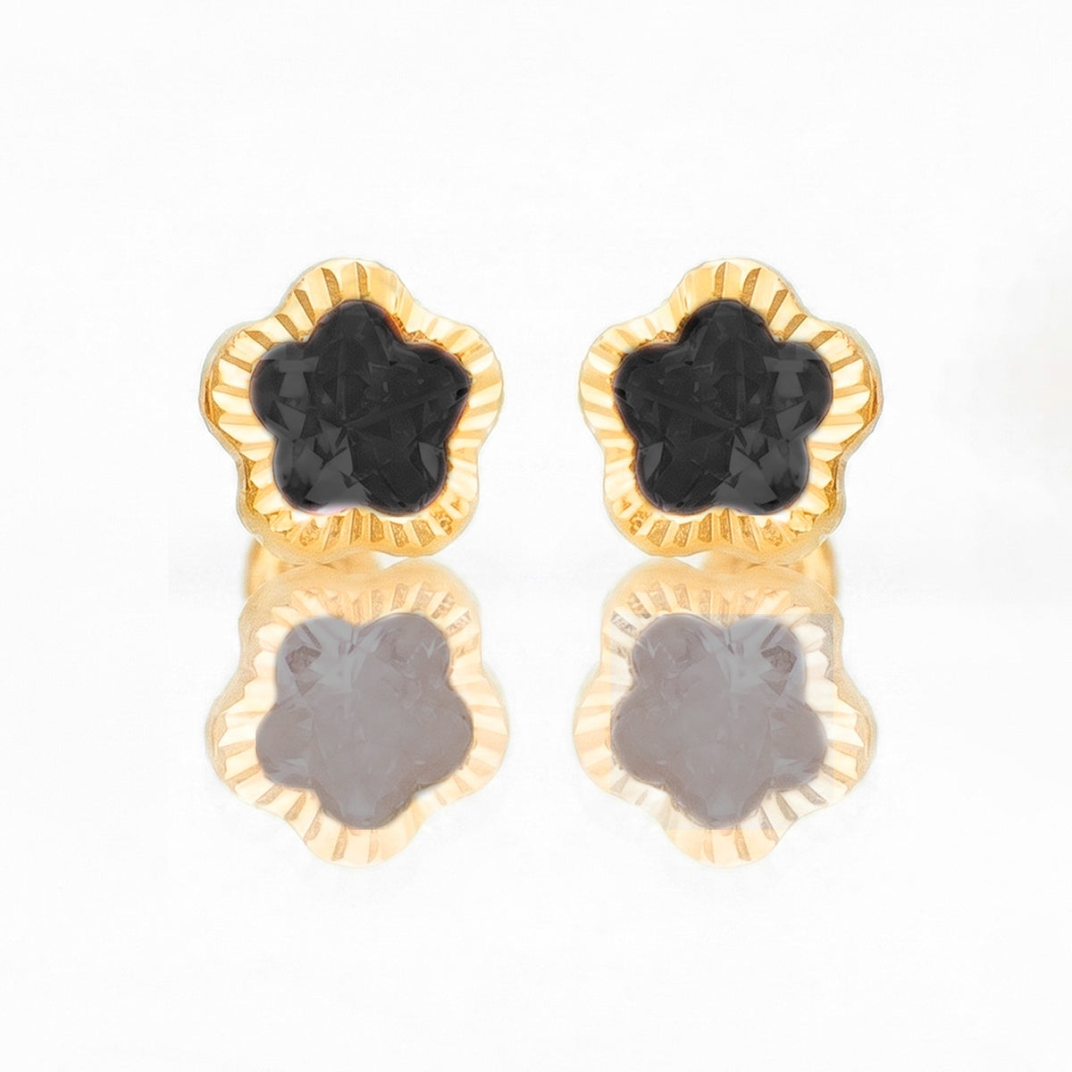Broquel Arete Flor Negra Biselada Diamantada con Circonia Rosa Oro 10k con Bolita
