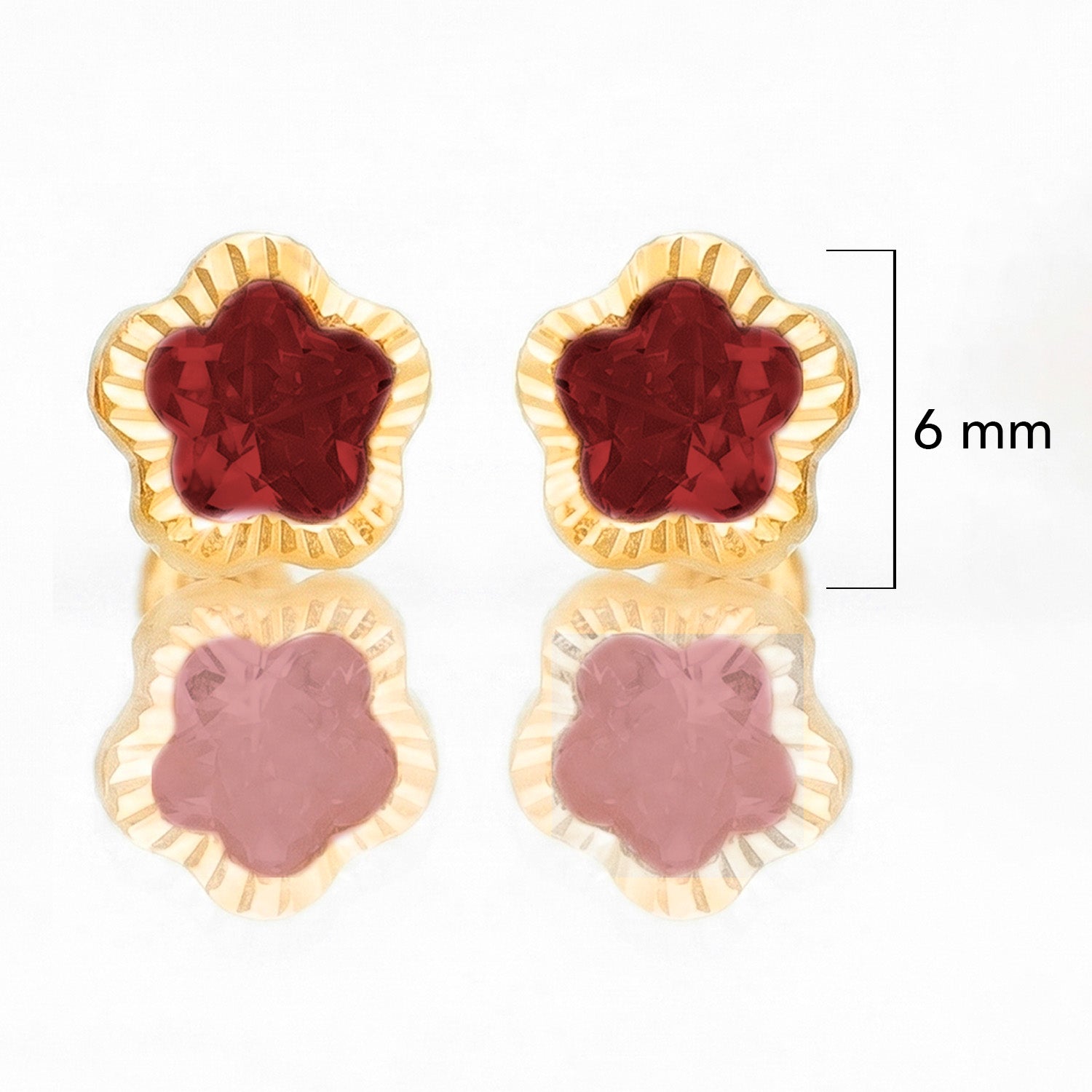 Broquel Arete Flor Biselada Diamantada Grande con Circonia Roja  Oro 10k con Bolita