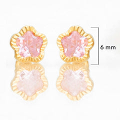 Broquel Arete Flor Rosa Biselada Diamantada Grande con Circonia Rosa Oro 10k con Bolita