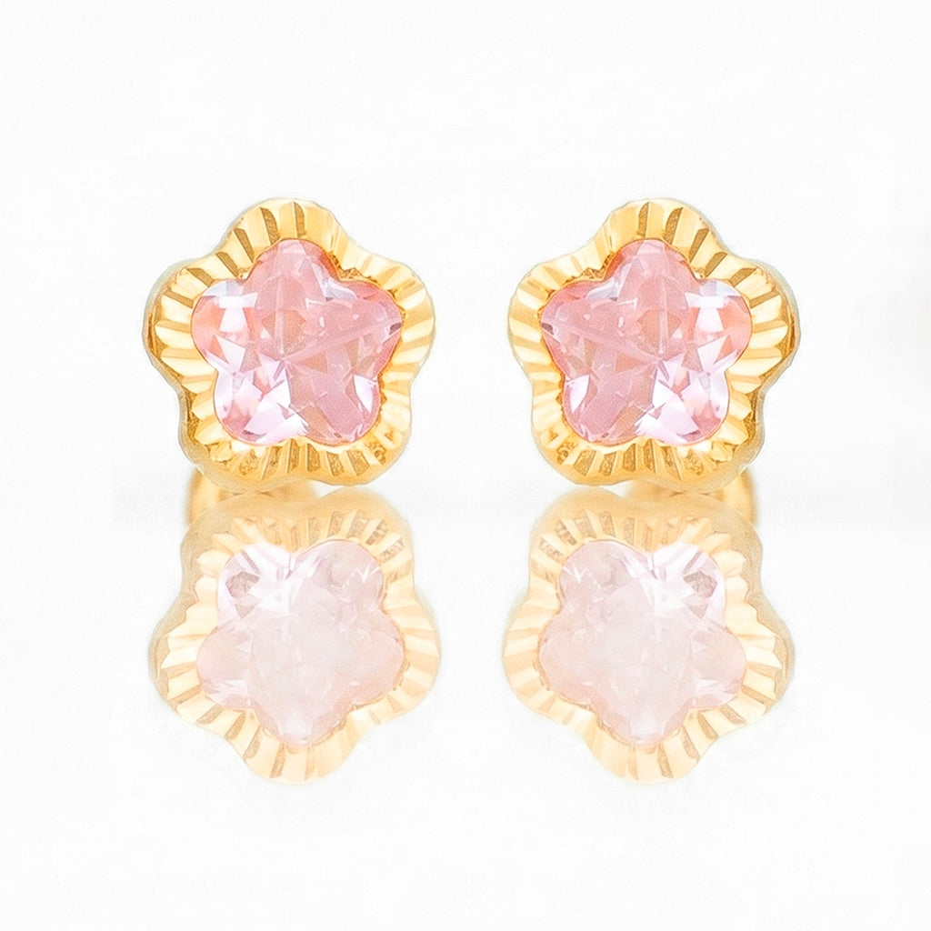 Broquel Arete Flor Rosa Biselada Diamantada Grande con Circonia Rosa Oro 10k con Bolita