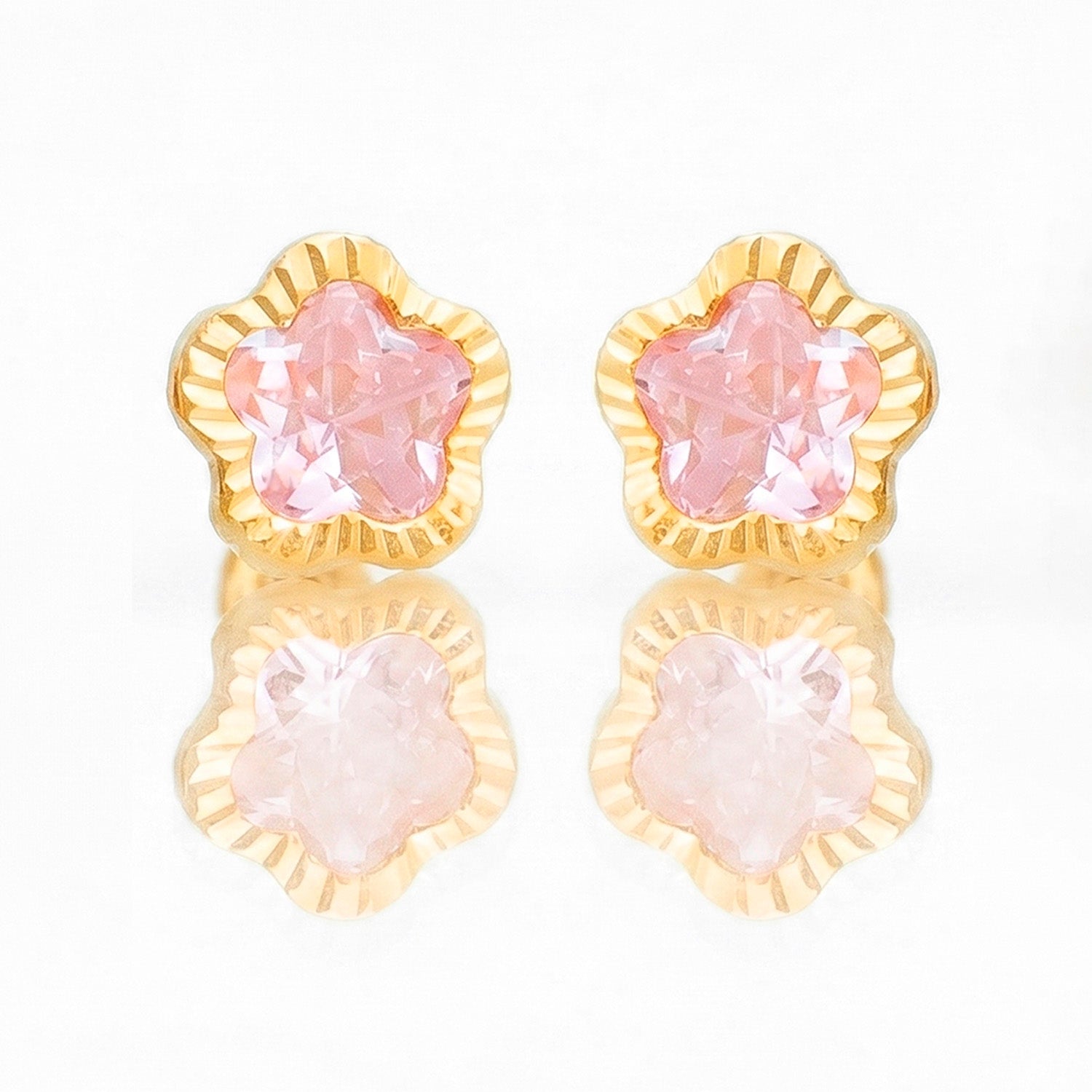 Broquel Arete Flor Rosa Biselada Diamantada Grande con Circonia Rosa Oro 10k con Bolita