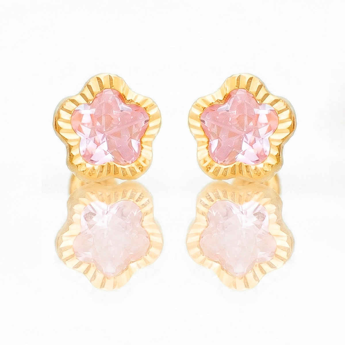 Broquel Arete Flor Rosa Biselada Diamantada Grande con Circonia Rosa Oro 10k con Bolita