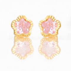 Broquel Arete Flor Rosa Biselada Diamantada Grande con Circonia Rosa Oro 10k con Bolita