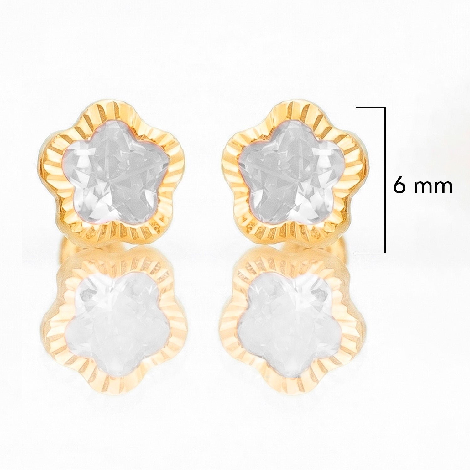 Broquel Arete Flor Blanca Biselada Diamantada Grande con Circonia Rosa Oro 10k con Bolita