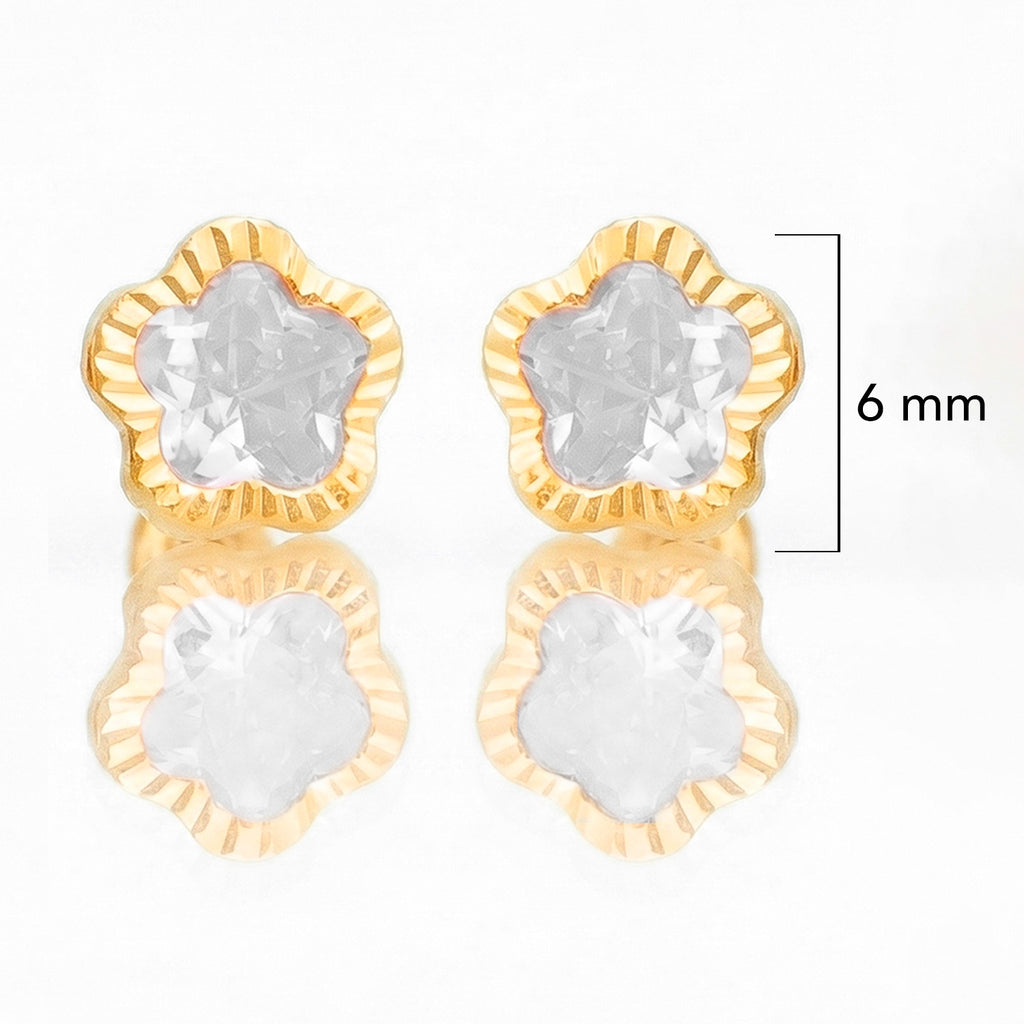 Broquel Arete Flor Blanca Biselada Diamantada Grande con Circonia Rosa Oro 10k con Bolita