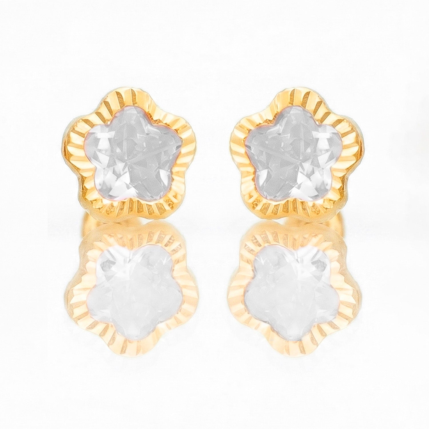 Broquel Arete Flor Blanca Biselada Diamantada Grande con Circonia Rosa Oro 10k con Bolita
