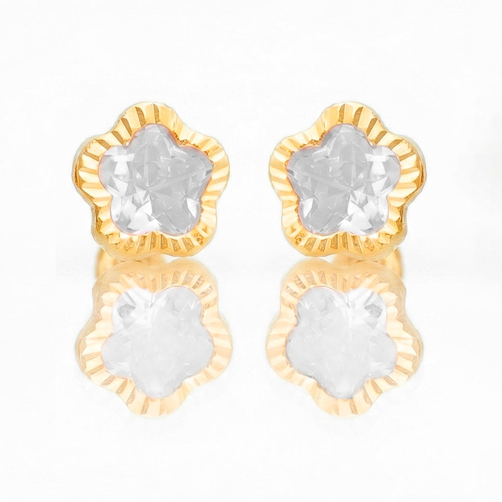 Broquel Arete Flor Blanca Biselada Diamantada Grande con Circonia Rosa Oro 10k con Bolita