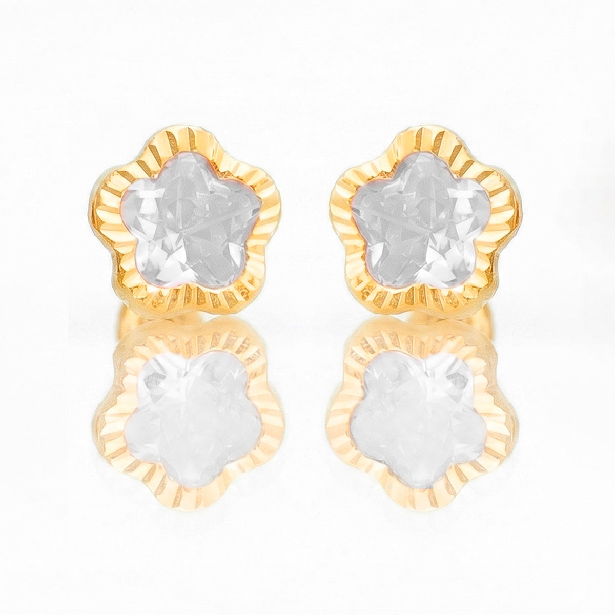 Broquel Arete Flor Blanca Biselada Diamantada Grande con Circonia Rosa Oro 10k con Bolita