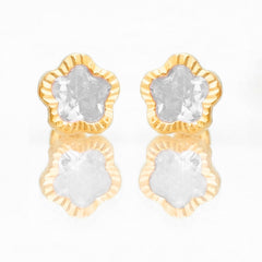 Broquel Arete Flor Blanca Biselada Diamantada Grande con Circonia Rosa Oro 10k con Bolita