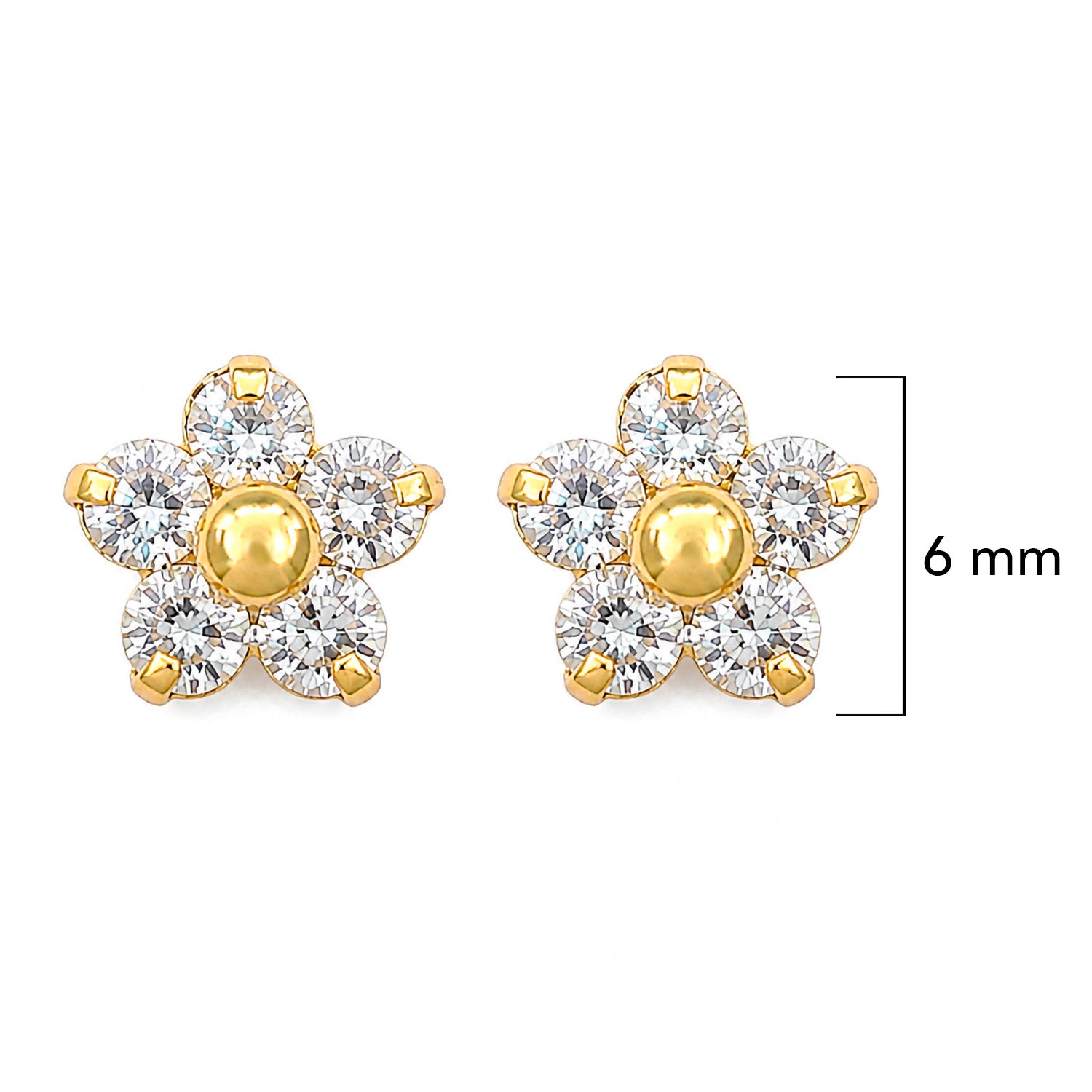 Broquel Arete Flor de 5 Petalos con Circonias Blancas Oro 10k con Bolita
