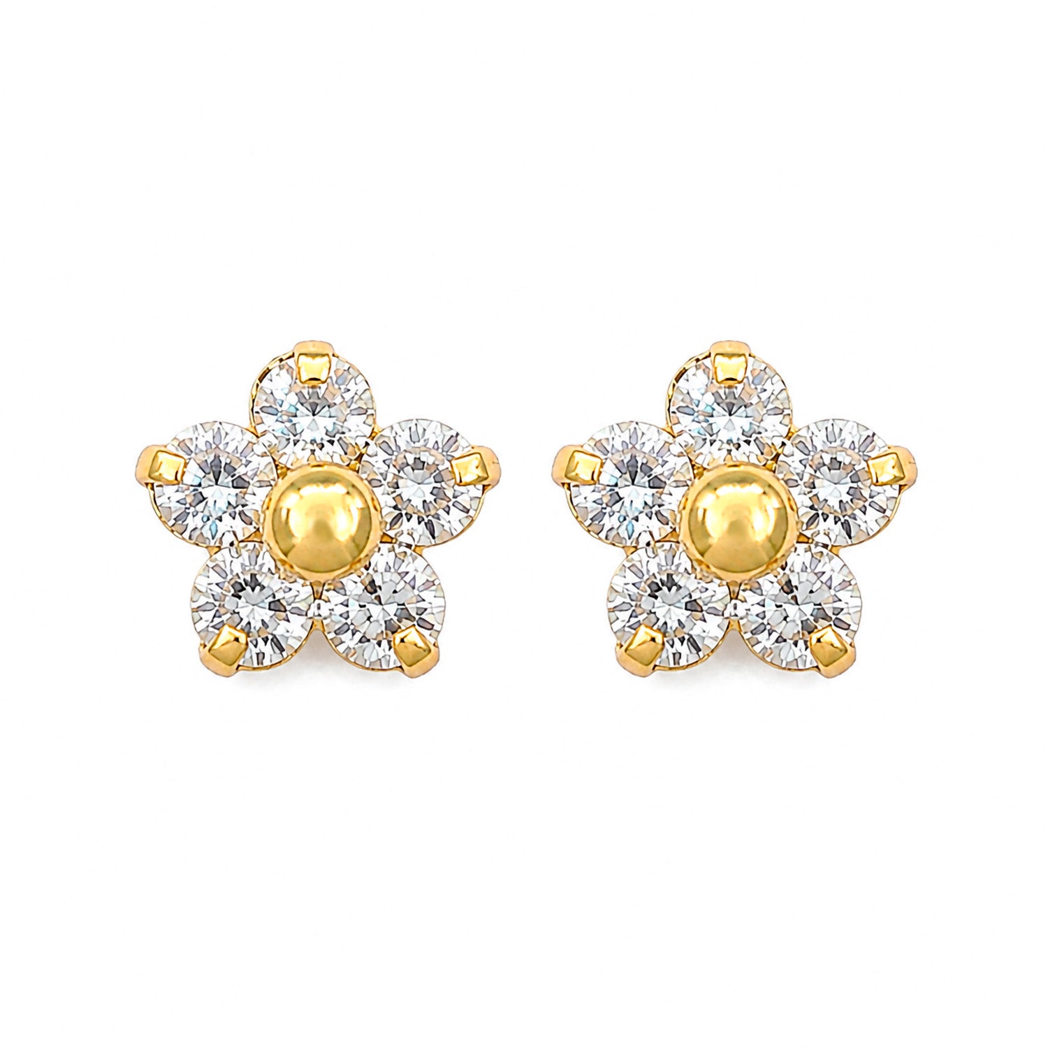 Broquel Arete Flor de 5 Petalos con Circonias Blancas Oro 10k con Bolita