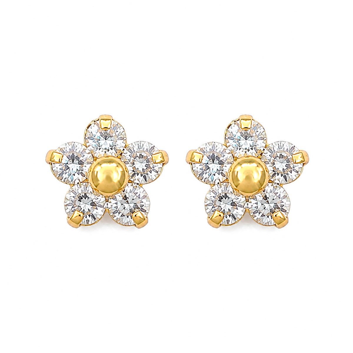 Broquel Arete Flor de 5 Petalos con Circonias Blancas Oro 10k con Bolita