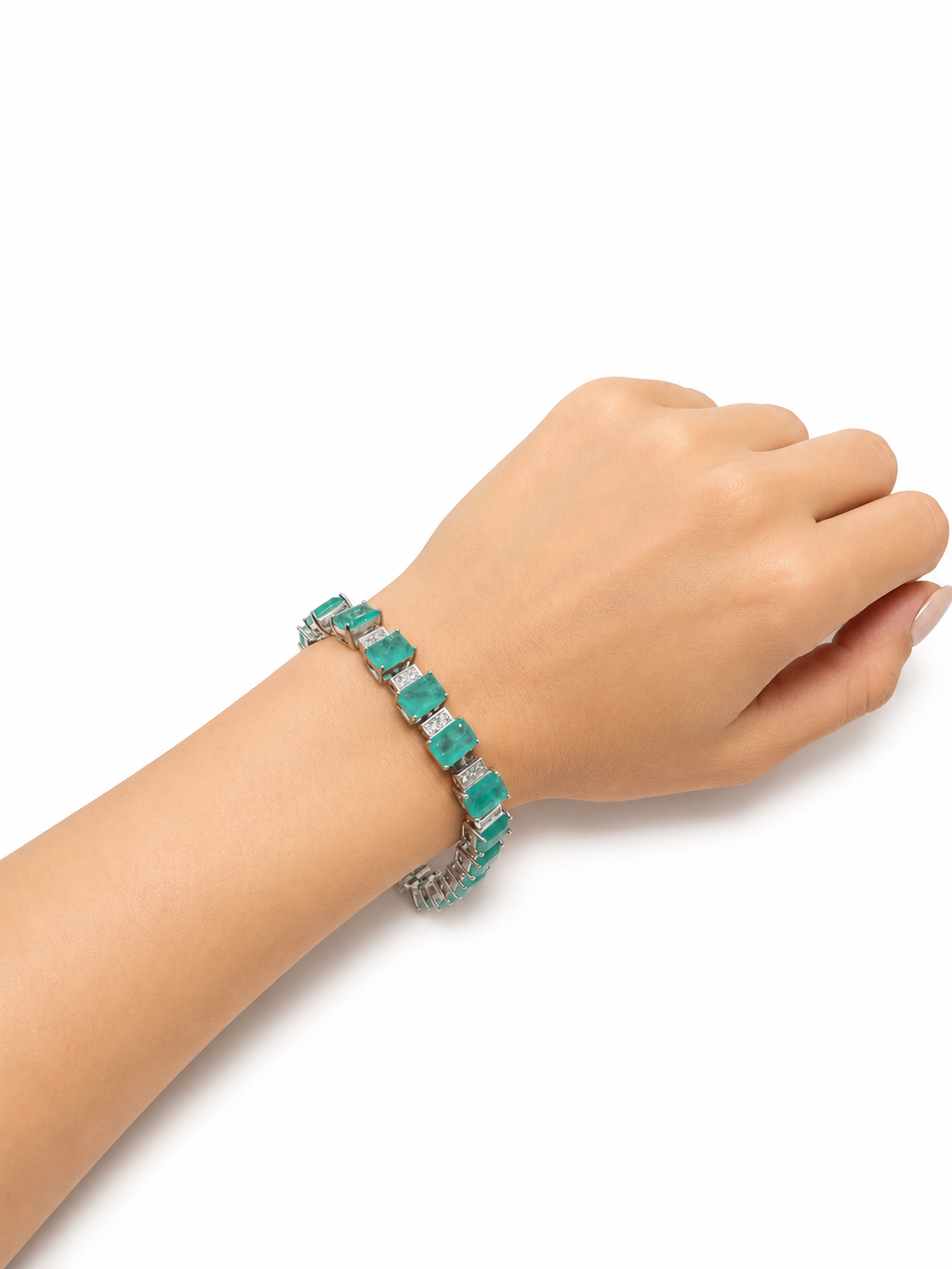 Pulsera Turmalina Verde Claro Rectángulos con Circonias Blancas 7mm de ancho, Plata .925 con Baño de Rodio