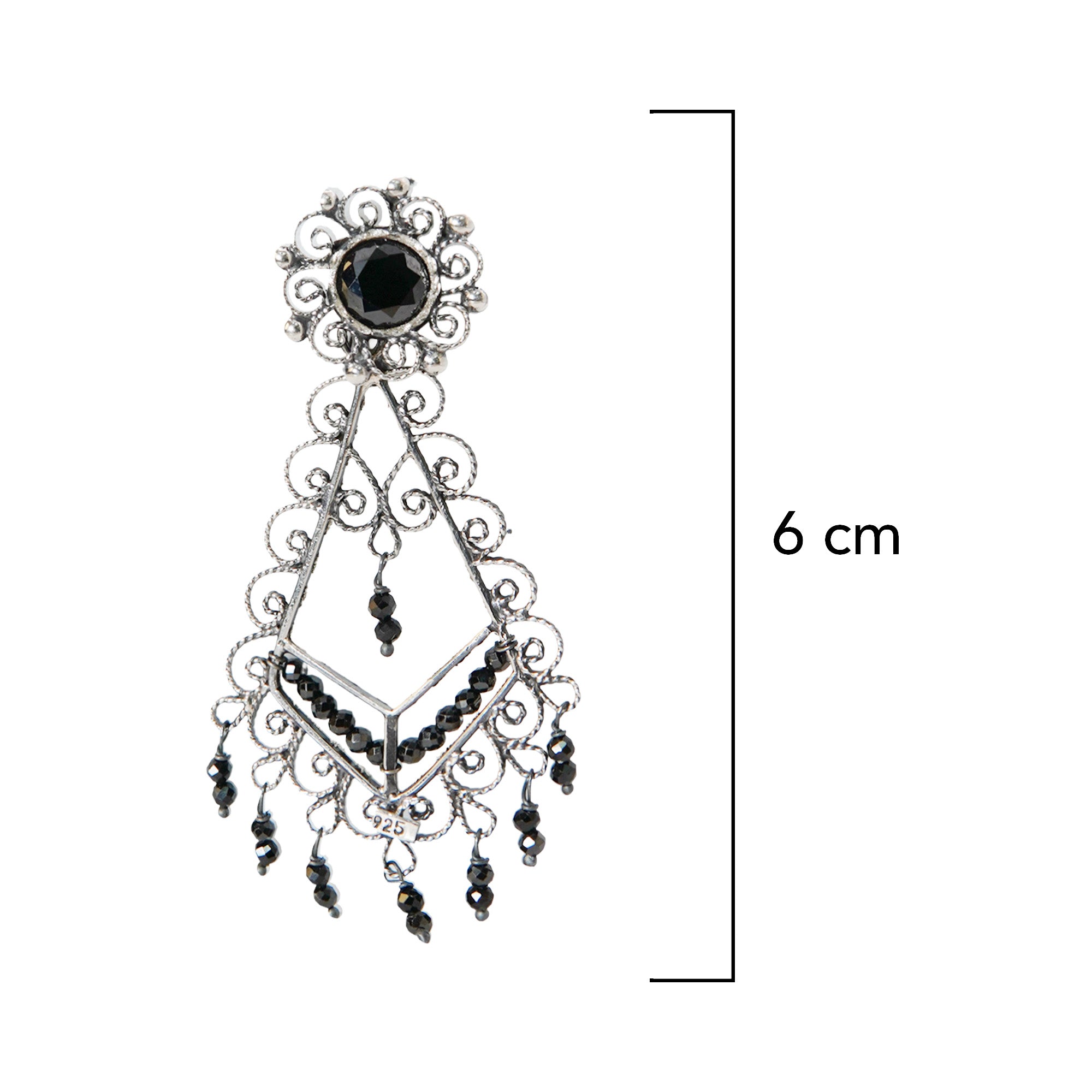 Aretes Filigrana Rombo 6 cm Flor Circonia y Piedra Onix Hecho a Mano Plata .925 Oxidada