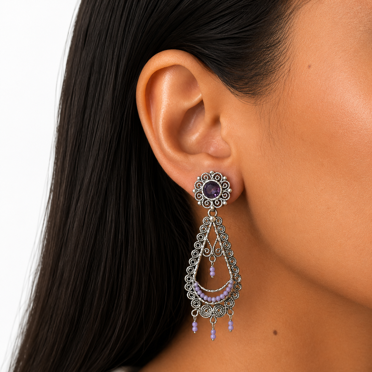 Aretes Filigrana Gota Larga 6 cm con Flor de Circonia y Amatista Hecho a Mano Plata .925 Oxidada