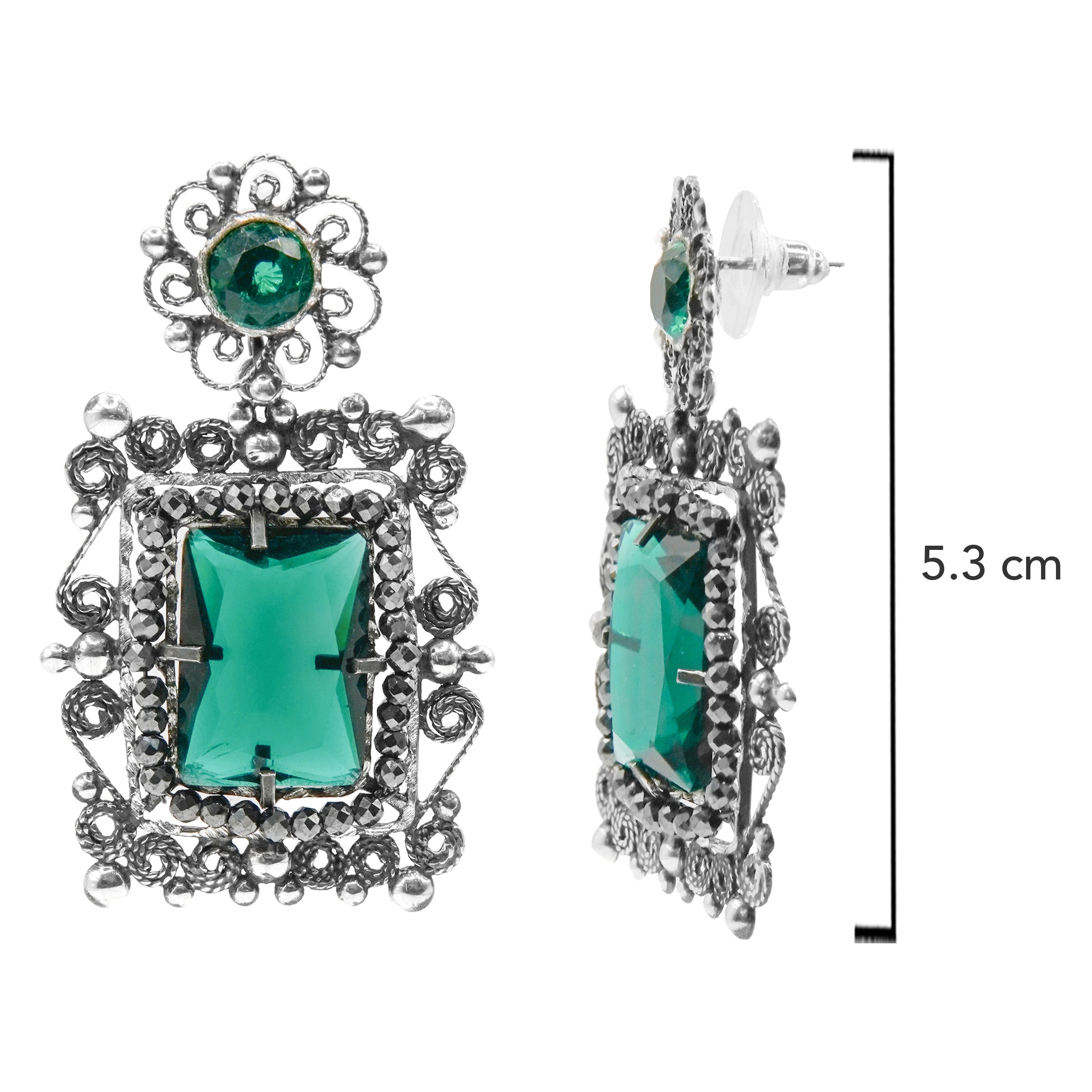 Aretes Filigrana Circonia Rectangular Hecho a Mano Plata .925 Oxidada