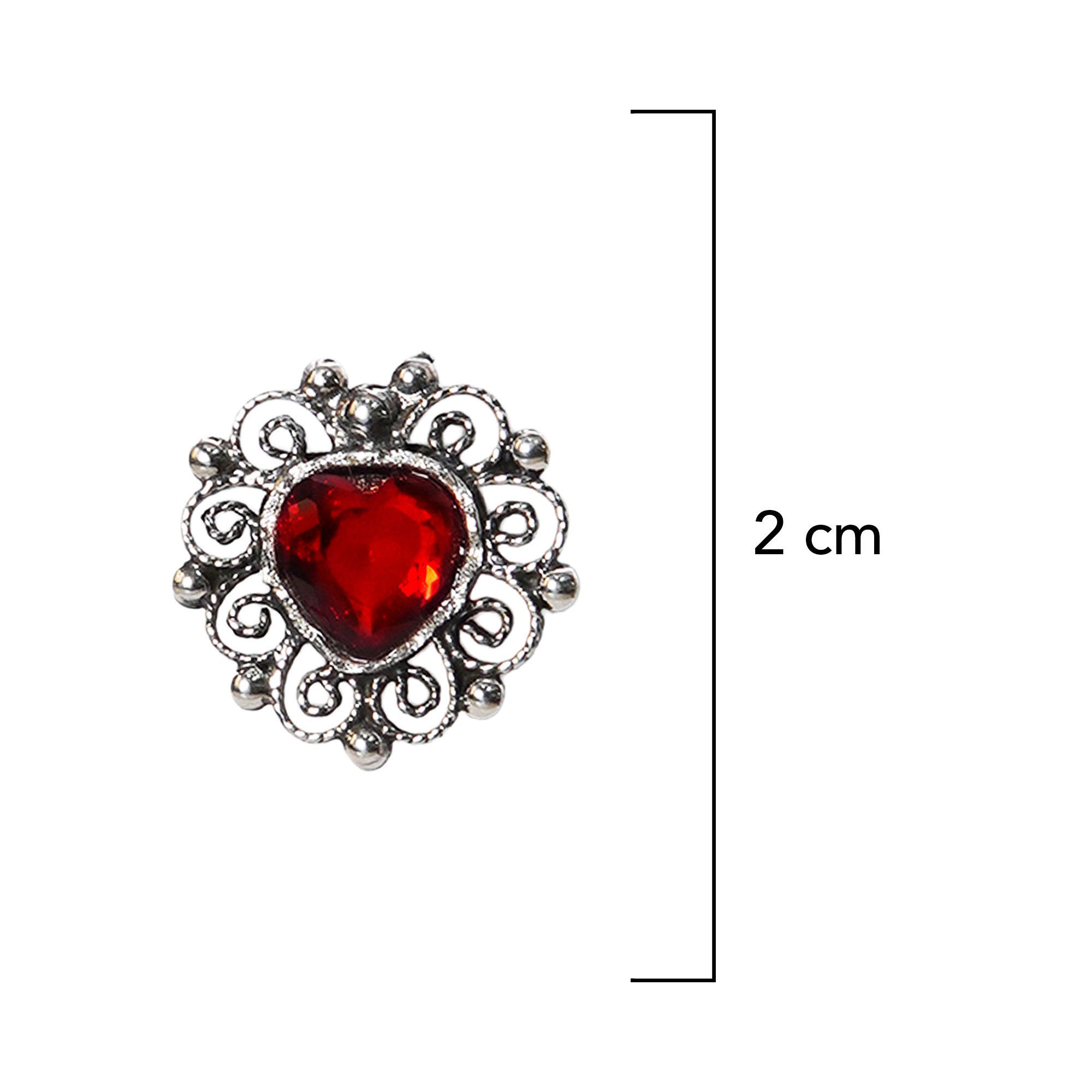 Aretes Filigrana Corazón Chico 2 cm Circonia Roja, Hecho a Mano Plata .925 Oxidada