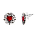 Aretes Filigrana Corazón Chico 2 cm Circonia Roja, Hecho a Mano Plata .925 Oxidada
