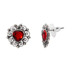 Aretes Filigrana Corazón Chico 2 cm Circonia Roja, Hecho a Mano Plata .925 Oxidada