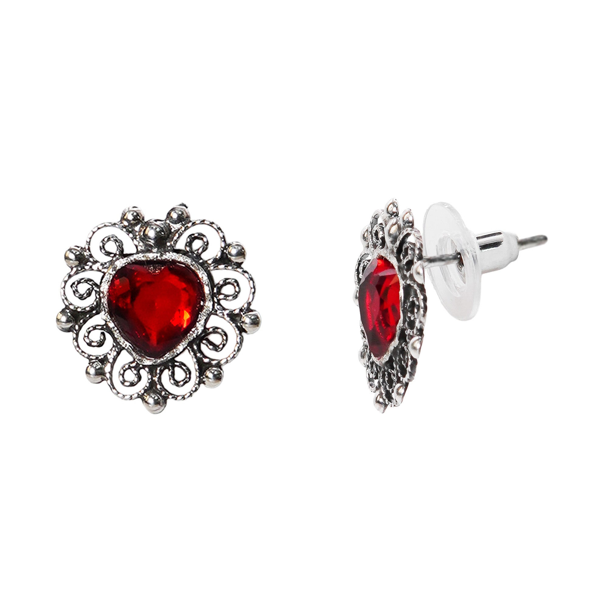 Aretes Filigrana Corazón Chico 2 cm Circonia Roja, Hecho a Mano Plata .925 Oxidada