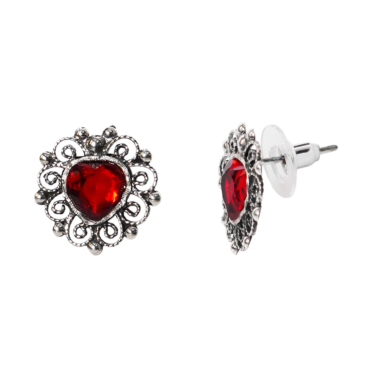 Aretes Filigrana Corazón Chico 2 cm Circonia Roja, Hecho a Mano Plata .925 Oxidada
