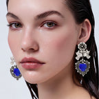 Arete Filigrana 5.5 cm Pajaritos Repujados a Mano, Corazón Azul Circonia Plata .925 Oxidada