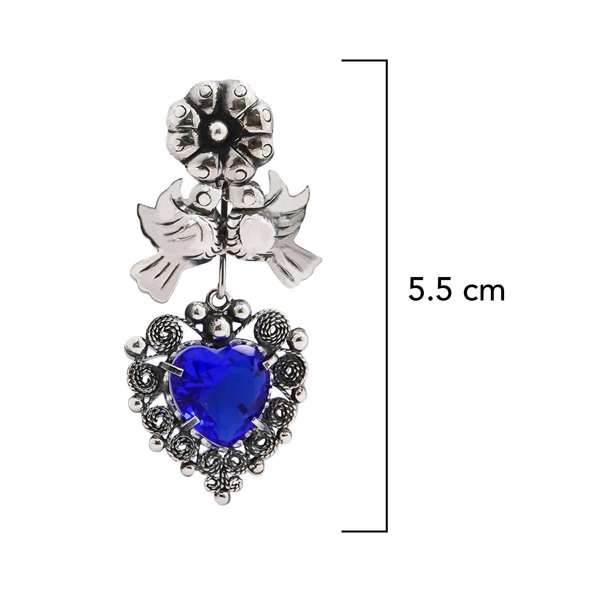 Arete Filigrana 5.5 cm Pajaritos Repujados a Mano, Corazón Azul Circonia Plata .925 Oxidada