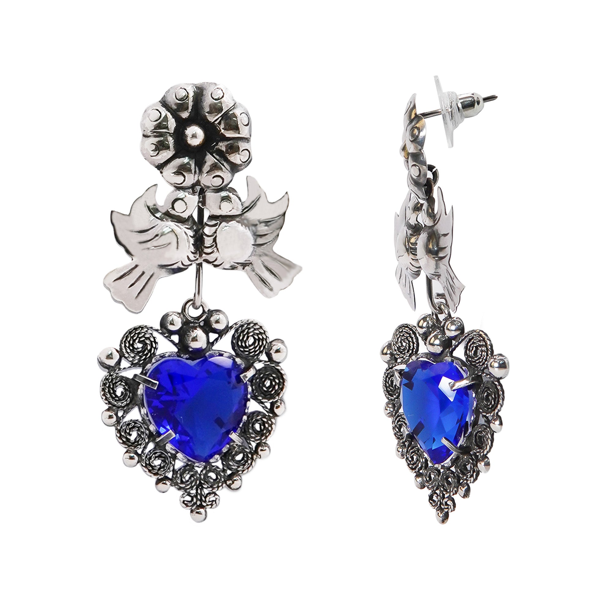 Arete Filigrana 5.5 cm Pajaritos Repujados a Mano, Corazón Azul Circonia Plata .925 Oxidada