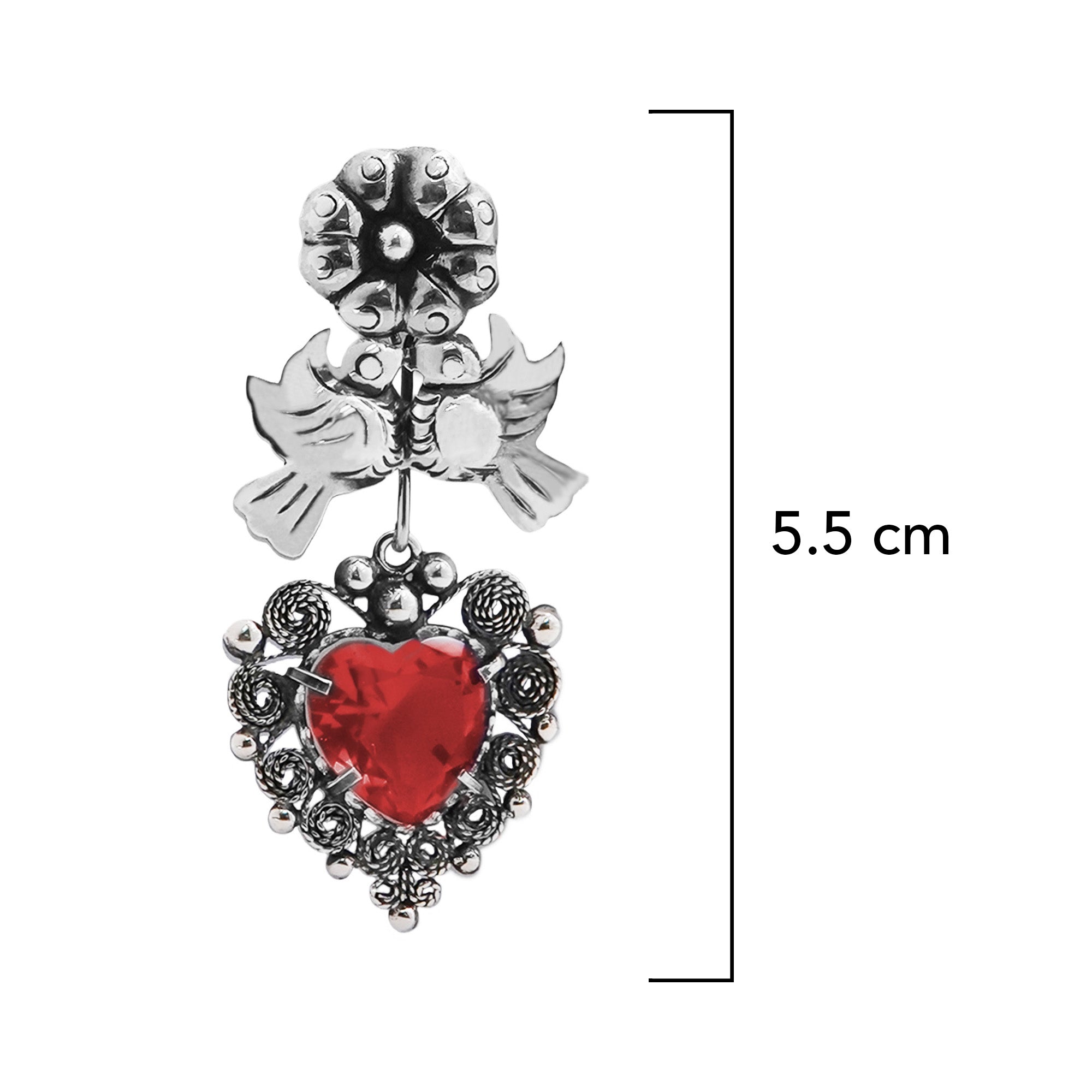 Arete Filigrana 5.5 cm Pajaritos Repujados a Mano, Corazón Circonia Plata .925 Oxidada