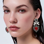 Arete Filigrana 5.5 cm Pajaritos Repujados a Mano, Corazón Circonia Plata .925 Oxidada